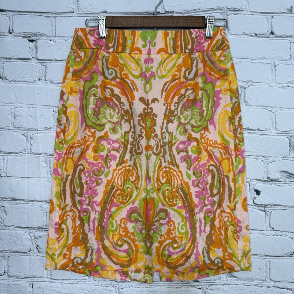 J. Crew Women's Pencil Skirt Size 2 100%‎ Linen Paisley Colorful Zip 95379 Y2K